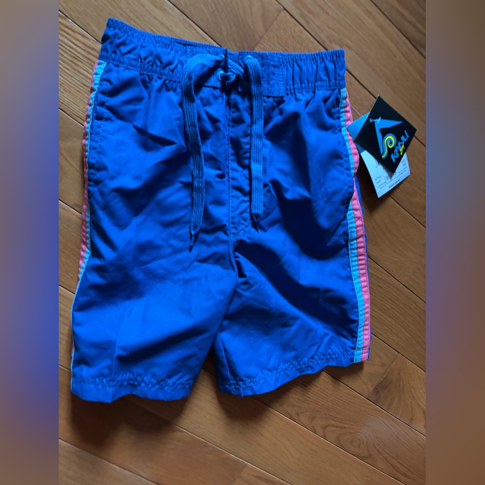 Blue Swim Shorts with Pink and Green Accents